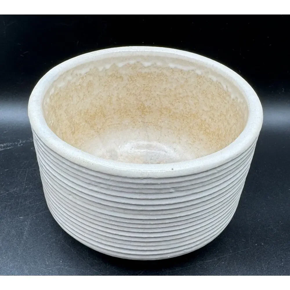 Vintage Tan ZANESVILLE Stoneware Homespun Ribbed POTTERY BOWL Planter #7005 -A95